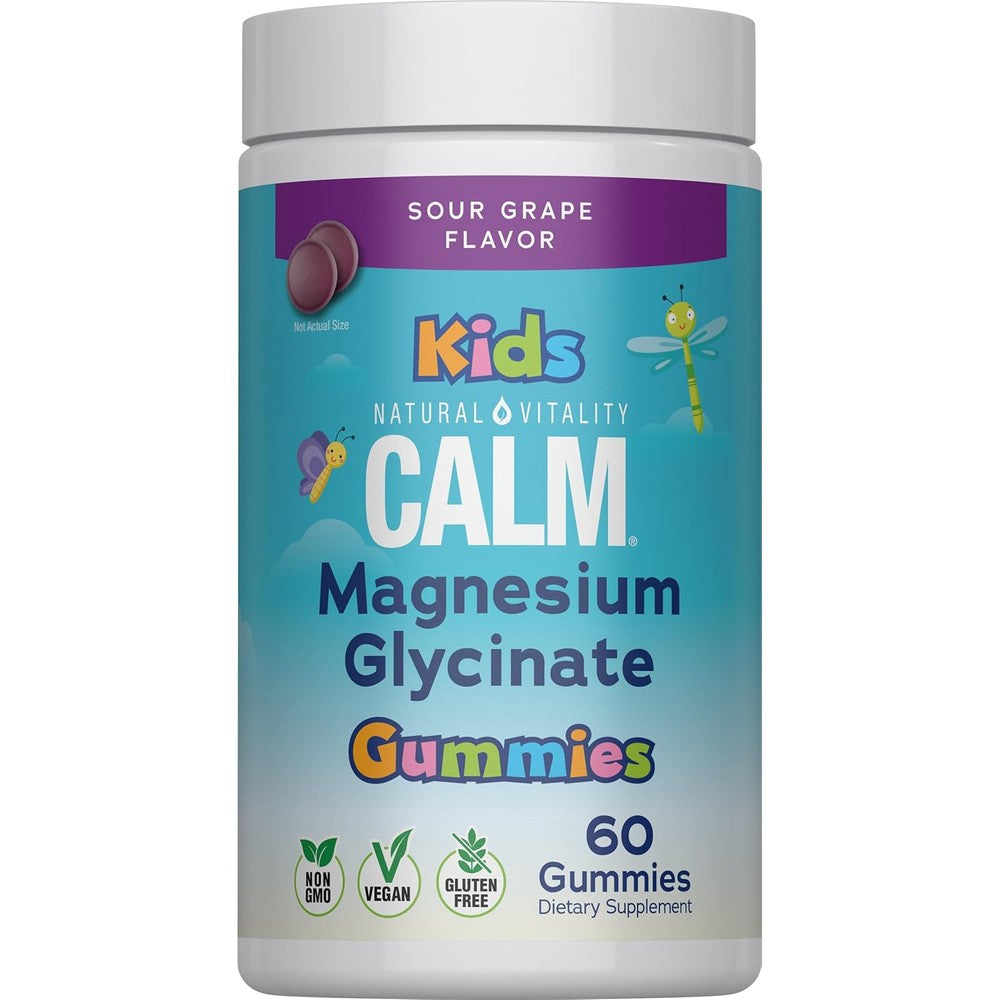 Natural Vitality Kids Calm | Magnesium Glycinate Gummies | Sour Grape Flavored | Non-GMO, Vegan & Gluten Free Supplement | 60 Count