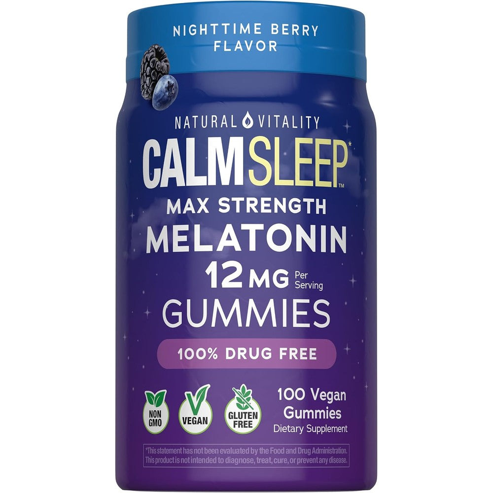 Natural Vitality Calm Sleep Melatonin 12mg Gummies | Max Strength Berry Flavored Formula | 100% Drug Free | Non-GMO, Vegan and Gluten Free Supplement |100 Count