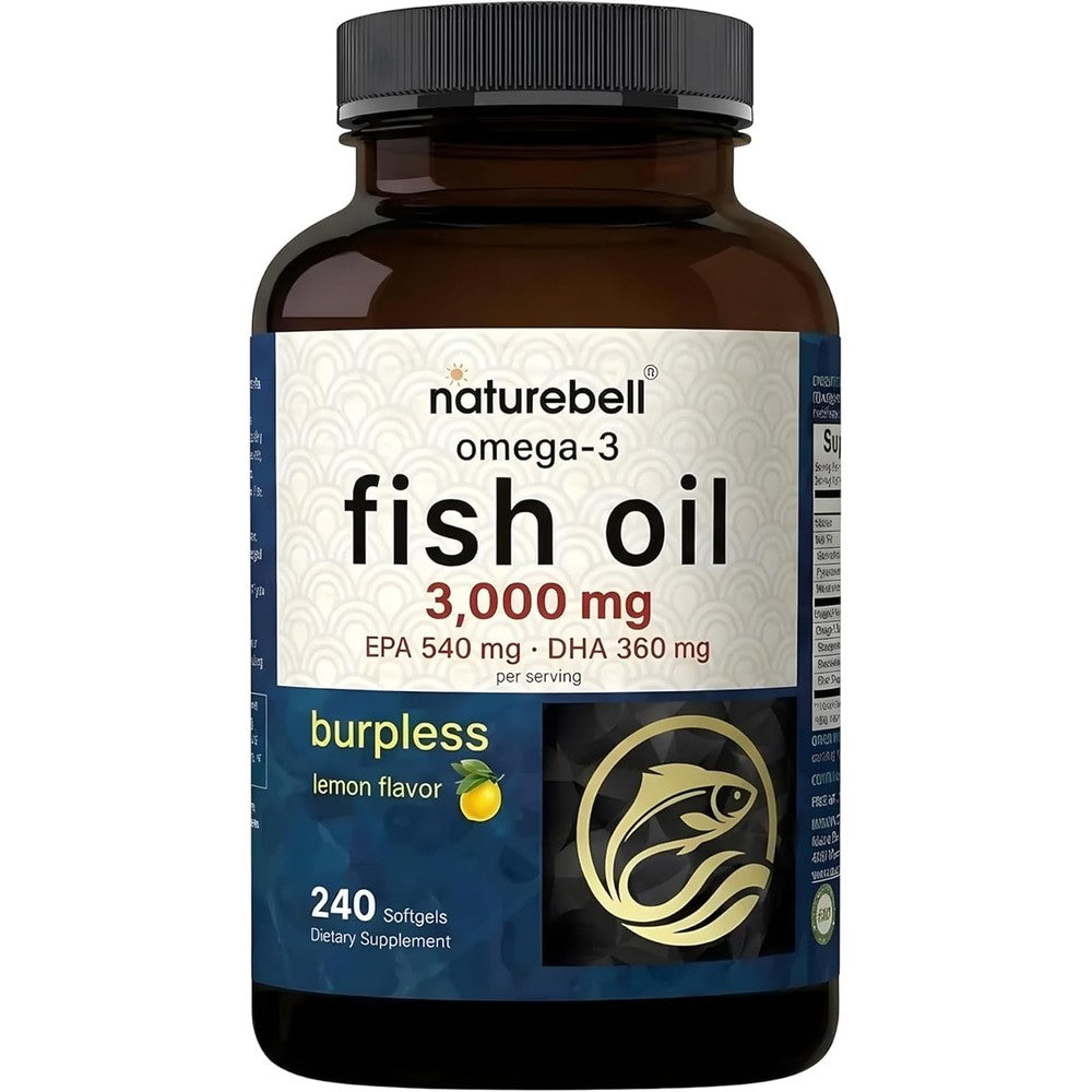 NatureBell Omega 3 Fish Oil 3000mg front view of the 240 softgels bottle for premium dietary supplements.