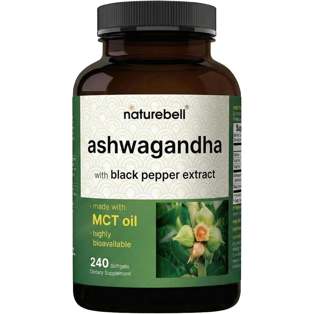 NatureBell Ashwagandha with Black Pepper front view bottle for stress relief