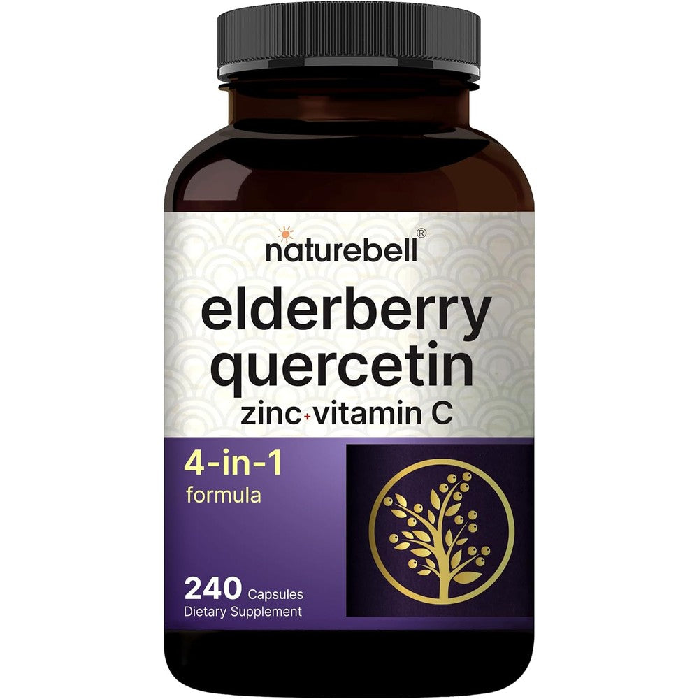 NatureBell Elderberry Quercetin 4-in-1 bottle front view showcasing daily immune support benefits.