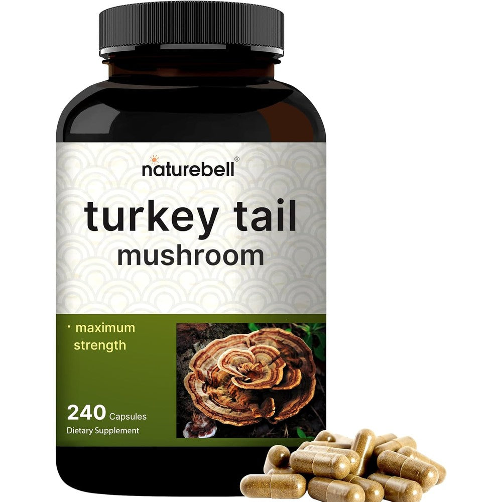 NatureBell Turkey Tail Mushroom Extract 240 capsules front view bottle showing immune support benefits.