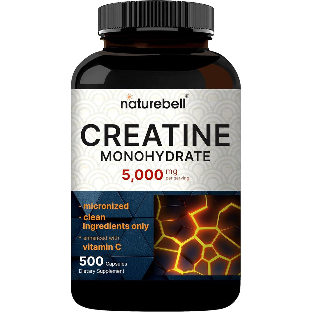 NatureBell Creatine Monohydrate Capsules bottle front view showing 5000mg per serving for pre-workout muscle strength