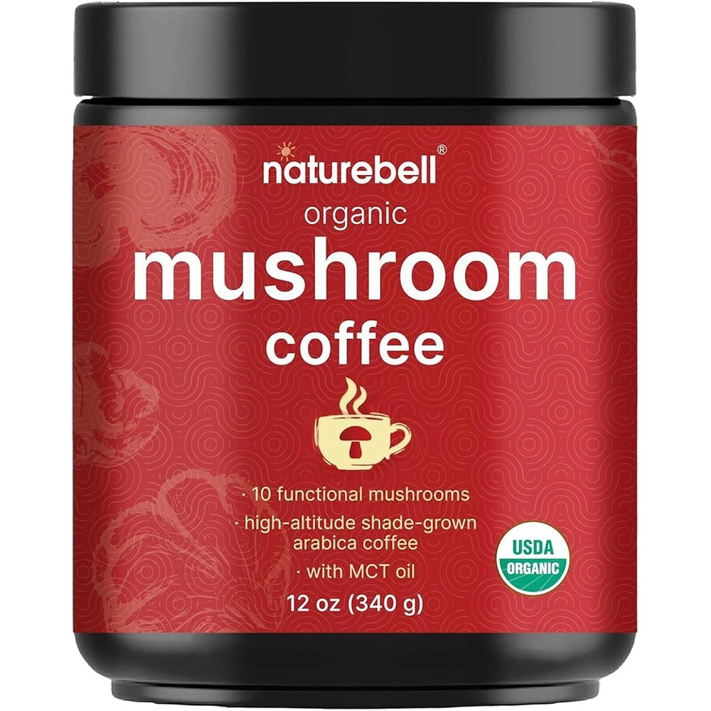 NatureBell Organic Mushroom Coffee 12 Ounce container front view showcasing the red label.