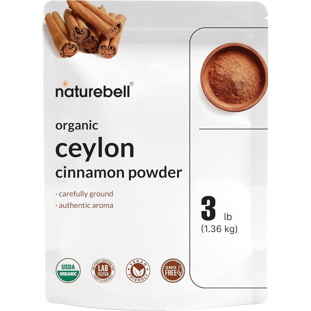 NatureBell Organic Ceylon Cinnamon Powder 3lbs front view package showing organic certification logos.