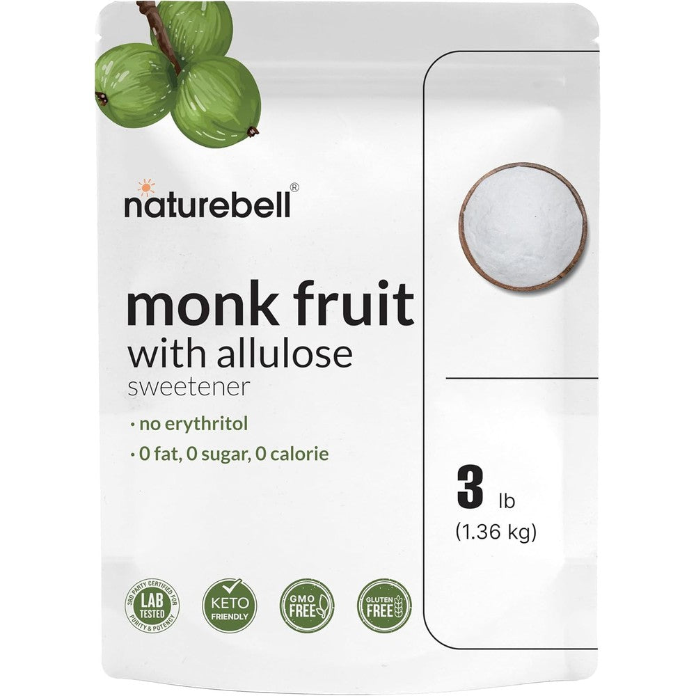 NatureBell Monk Fruit and Allulose Sweetener front view of the 3 pound bulk bag packaging
