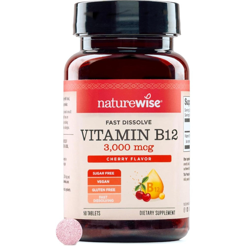 NatureWise Vitamin B12 3000 mcg Sublingual Tablets bottle front view for daily energy support.