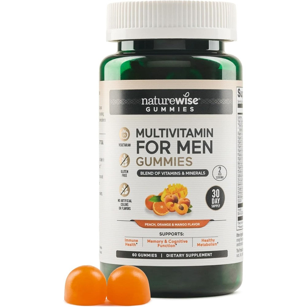 NatureWise Multivitamin for Men Gummies front view bottle showing peach mango flavor