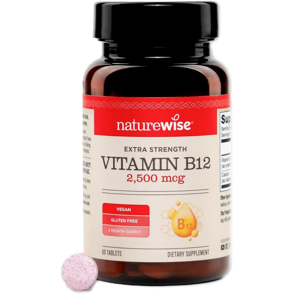 NatureWise Vitamin B12 Extra Strength 2500mcg tablets front bottle view for daily energy support.