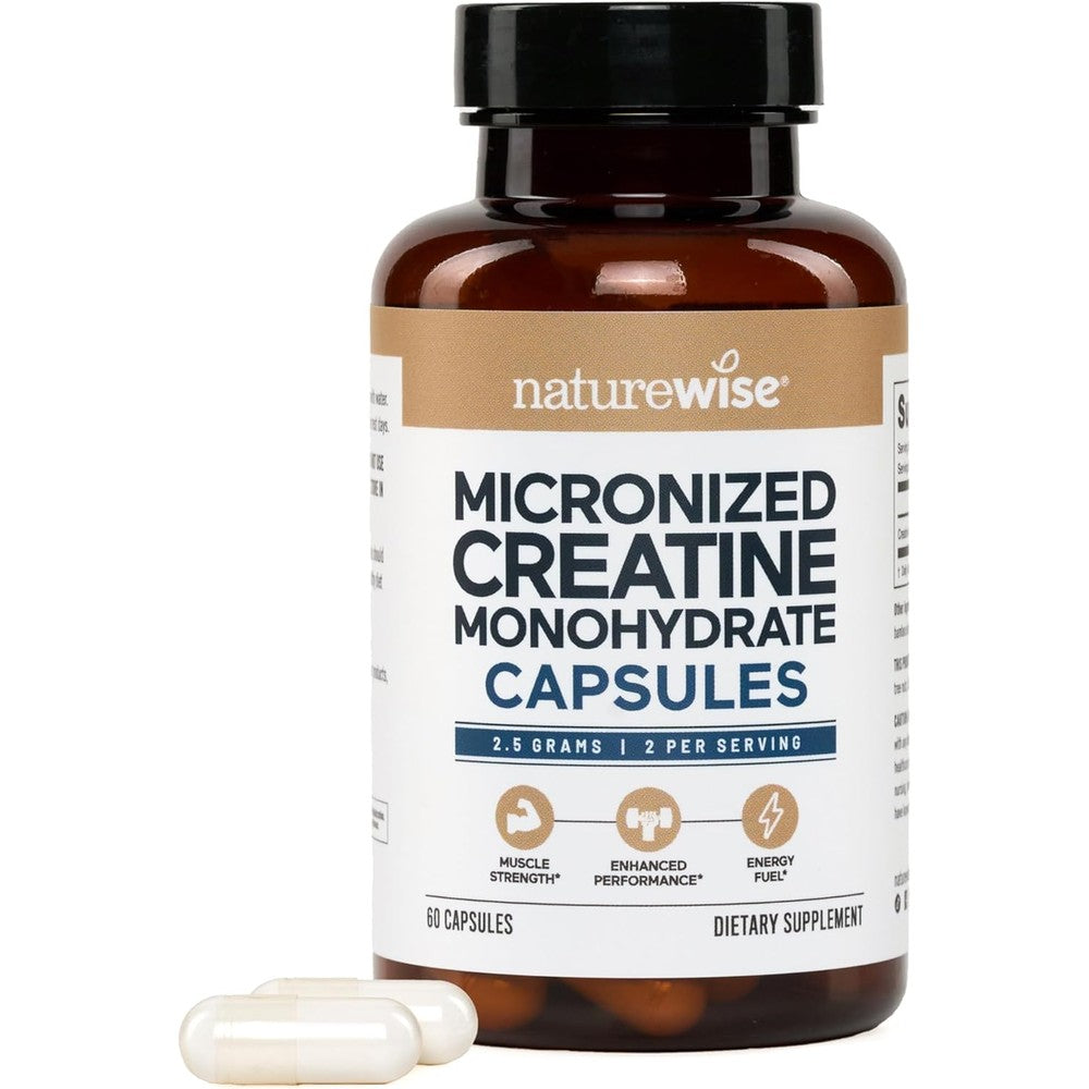 NatureWise Micronized Creatine Monohydrate Pills front view showing the 60 capsules bottle.