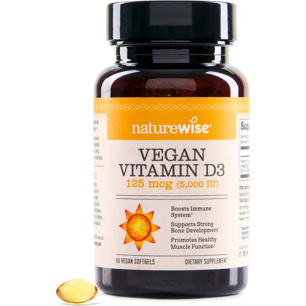 NatureWise Vegan Vitamin D3 5000 IU supplement front bottle view for plant based immune support
