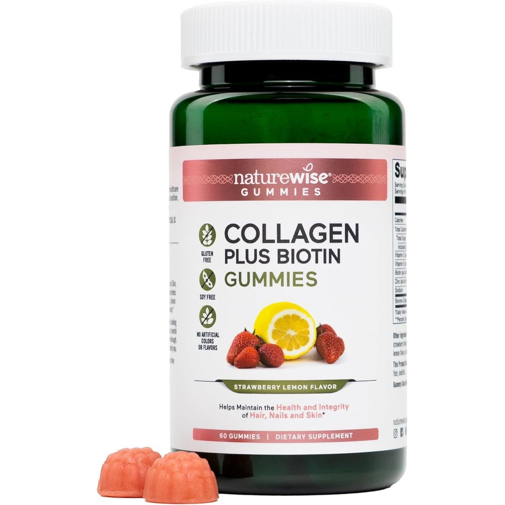 NatureWise Collagen Gummies 60 count bottle front view showing strawberry lemon flavor.