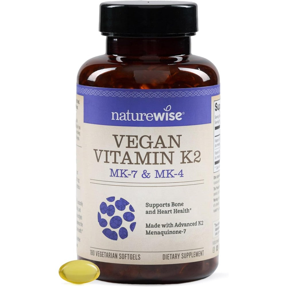 NatureWise Vitamin K2 600mcg front label showing 180 vegan softgels bottle for bone and heart health.
