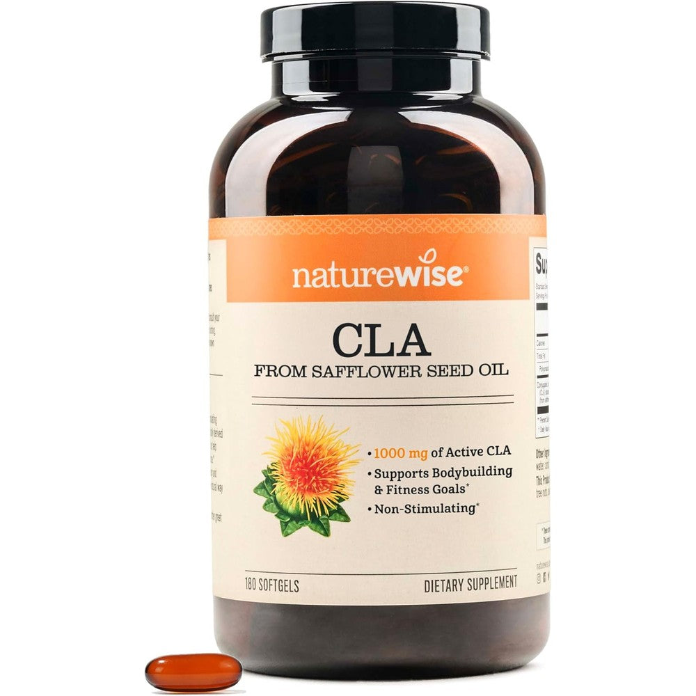 NatureWise CLA 1250 bottle front view showing 180 softgels weight management supplement.