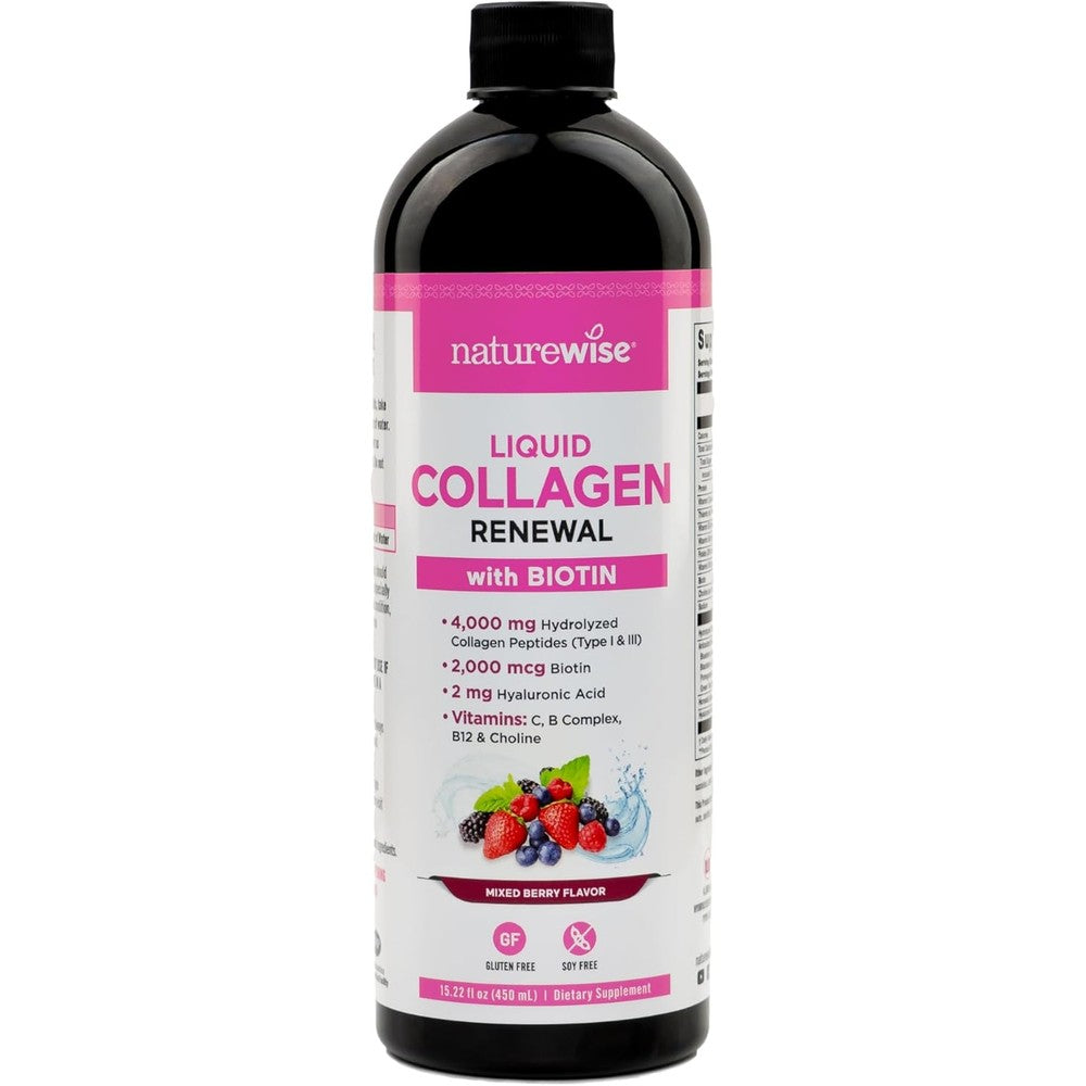 NatureWise Hydrolyzed Liquid Collagen front view bottle for hair skin nail health