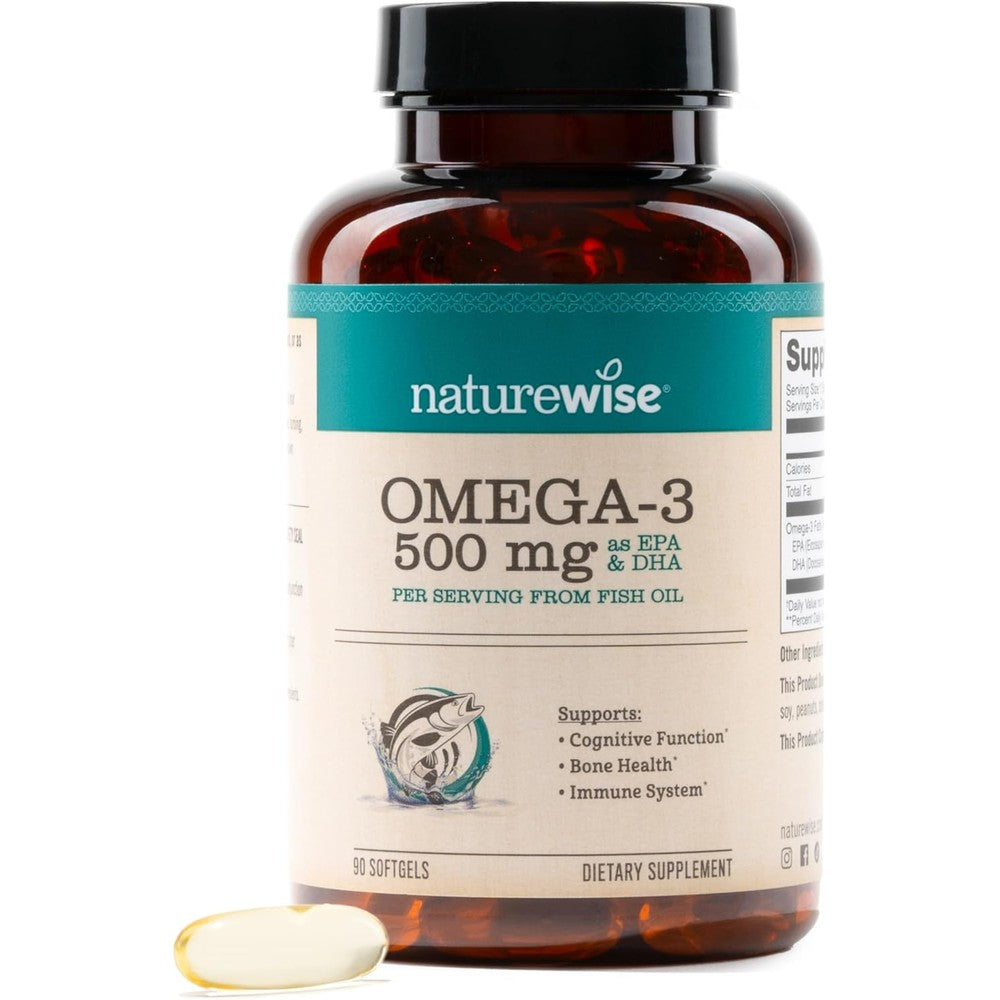 NatureWise Omega 3 Fish Oil 500mg front view bottle packaging for daily immune and brain wellness