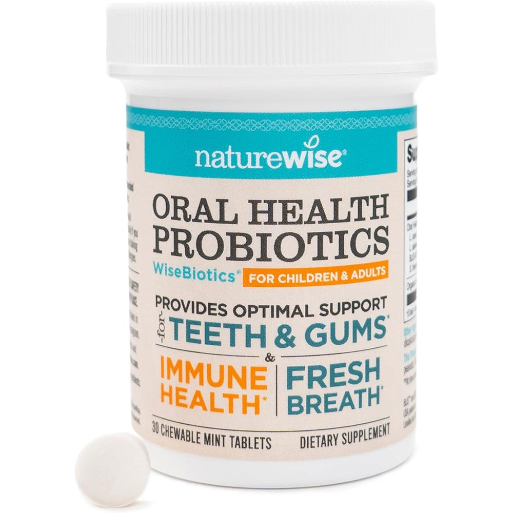 NatureWise Oral Probiotics bottle front view showing 30 chewable mint tablets