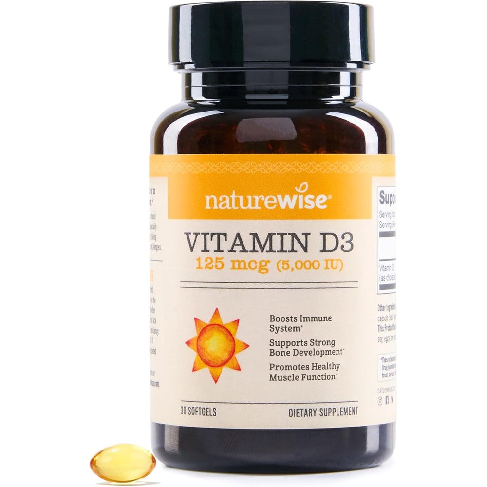 NatureWise Vitamin D3 5000 IU 30 softgels front bottle view for daily immune health