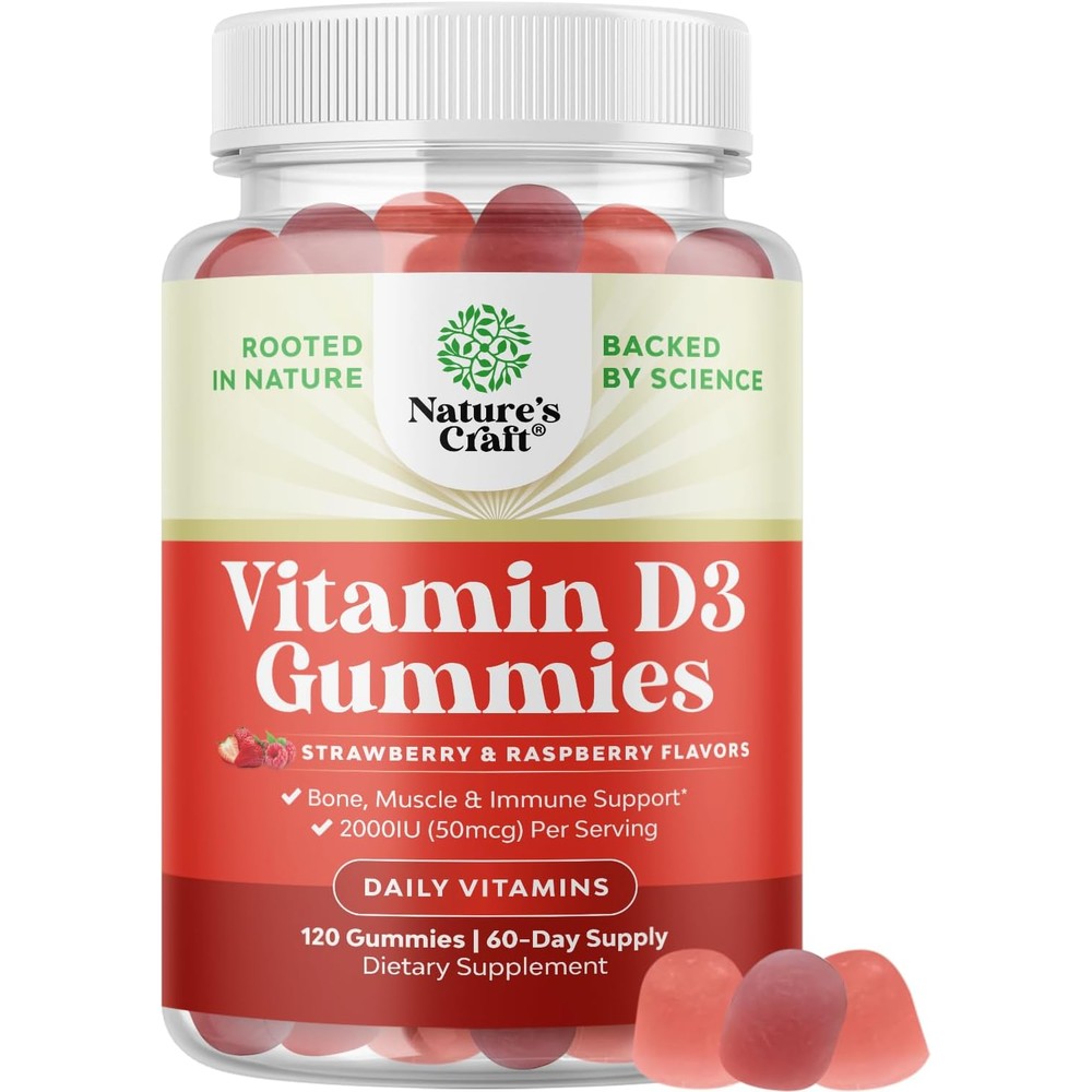 Natures Craft Vitamin D3 Gummies 120 Count front view bottle for daily adult immune support