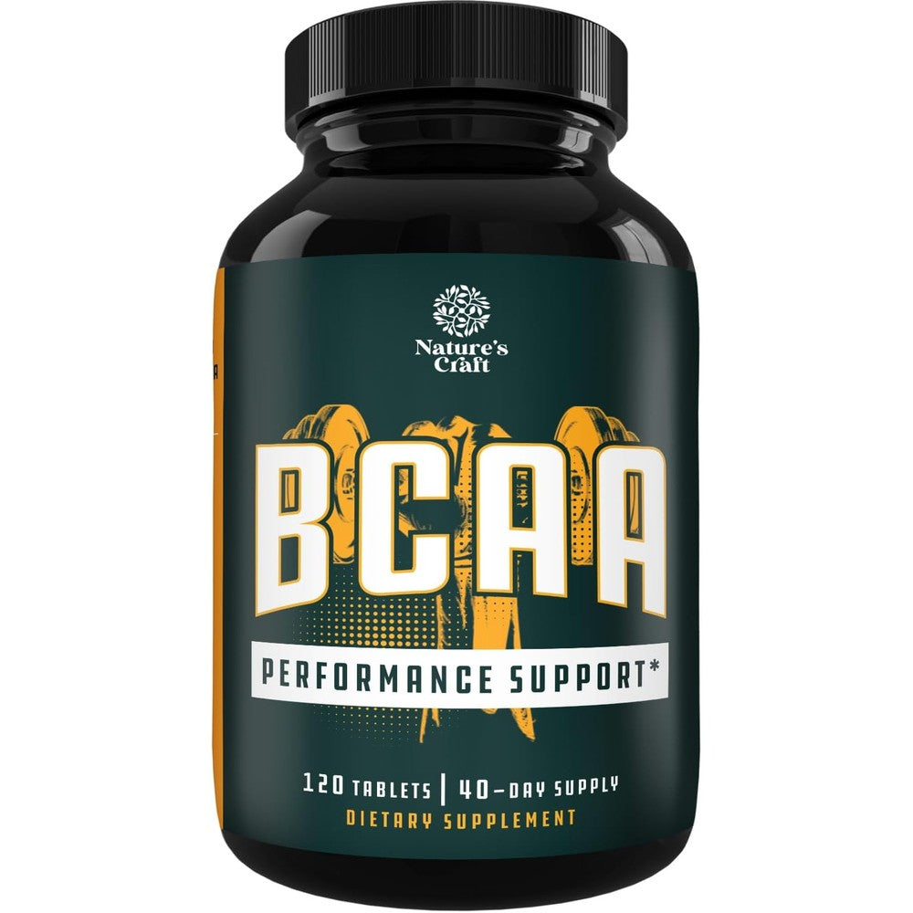 Natures Craft Vegan BCAA Tablets front view showing the 120 count bottle for post workout recovery.