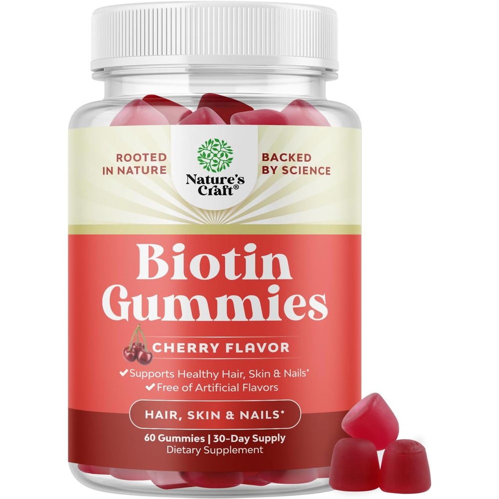 Natures Craft Biotin Gummies front view of cherry flavored hair growth vitamins