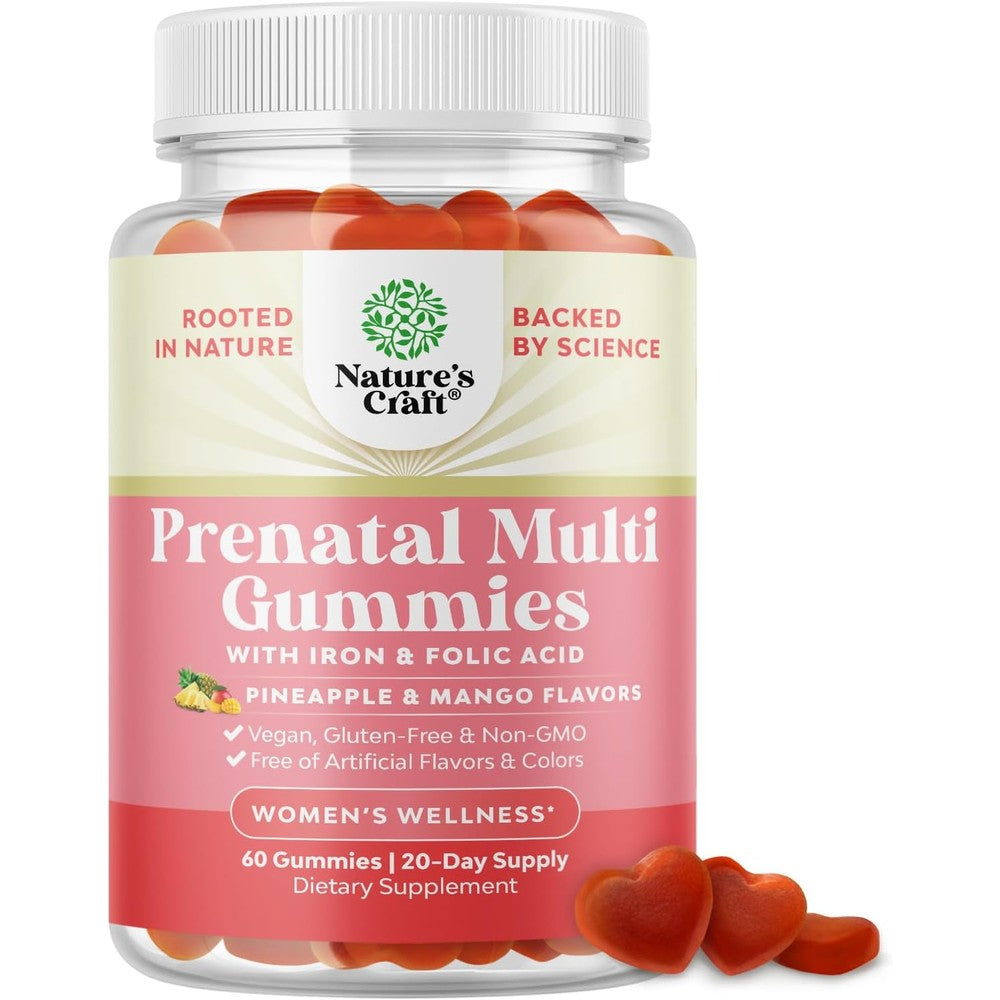 Natures Craft Vegan Prenatal Gummies front view showing the 60 count bottle for premium maternal health.