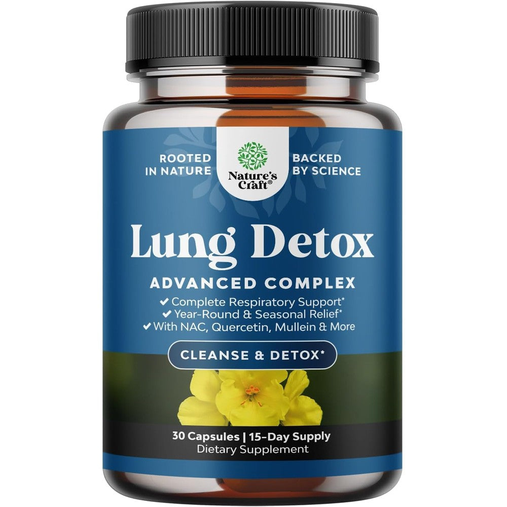 Natures Craft Lung Detox Mullein Leaf Capsules front view showing 30 count bottle for respiratory support.