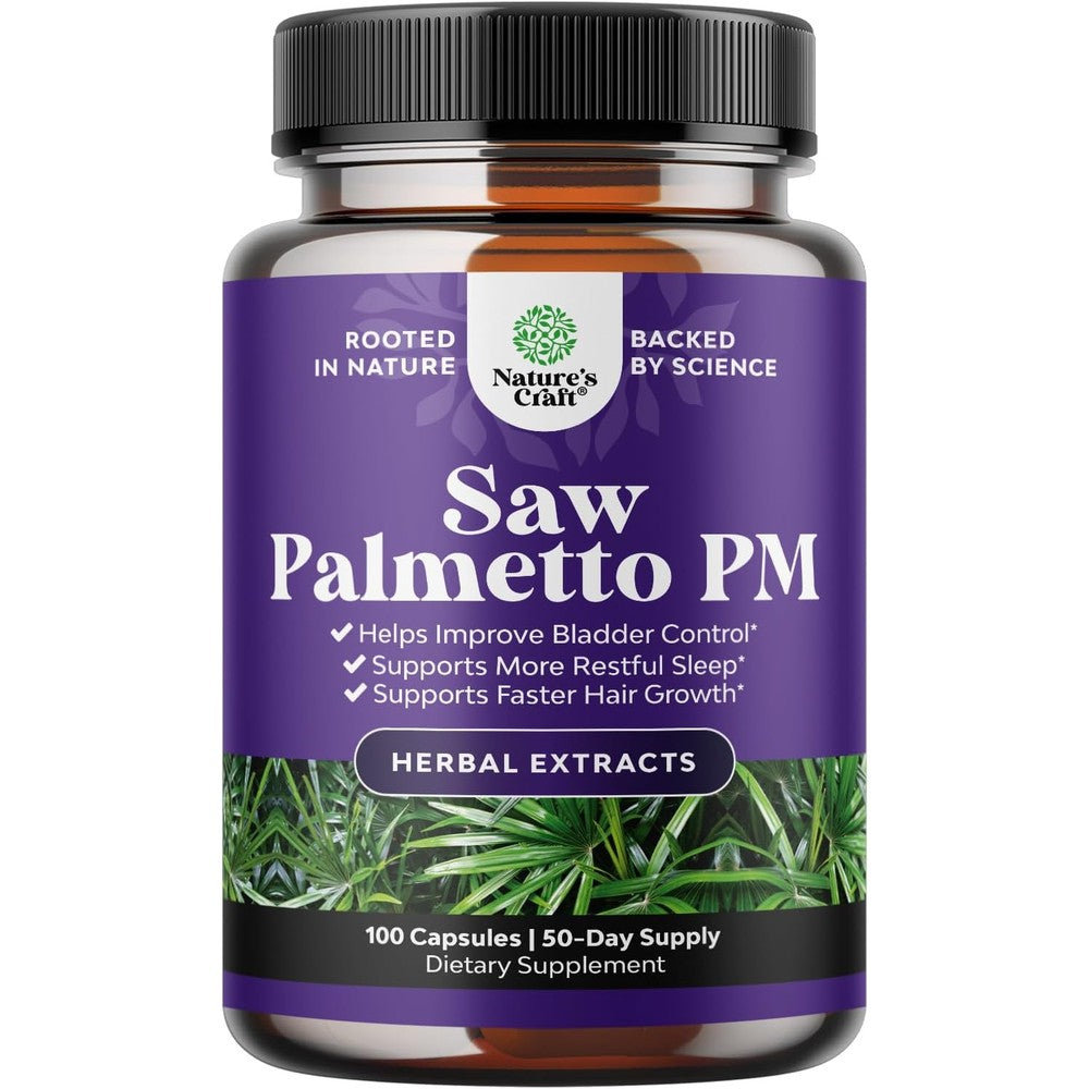 Nature's Craft Nighttime Defense Saw Palmetto 100 capsules front view for men's prostate health