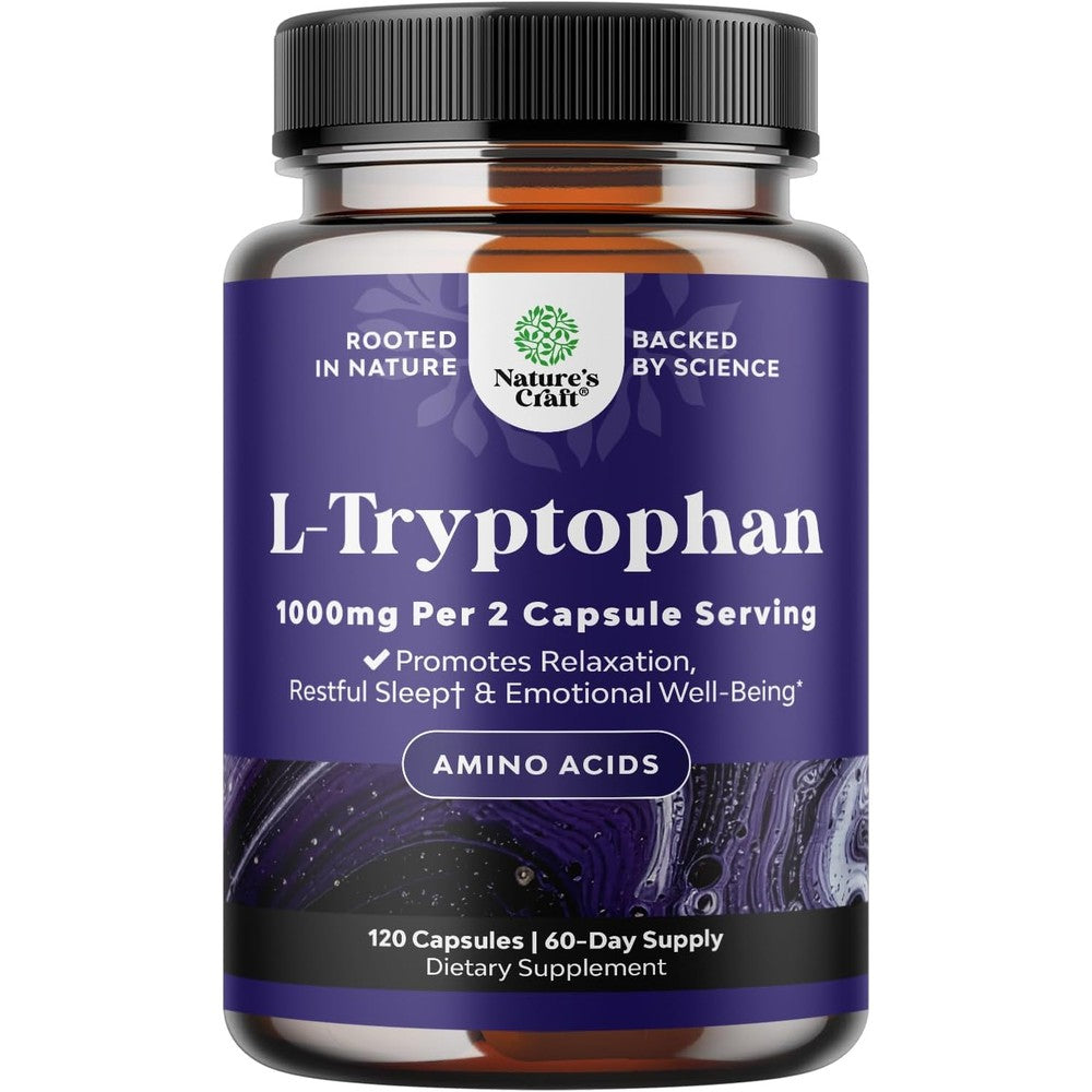 Natures Craft L Tryptophan 1000mg capsules front label view sleep supplement