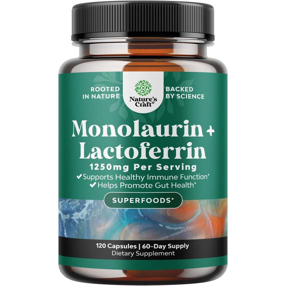 Natures Craft Lactoferrin and Monolaurin supplement bottle front view for immune defense