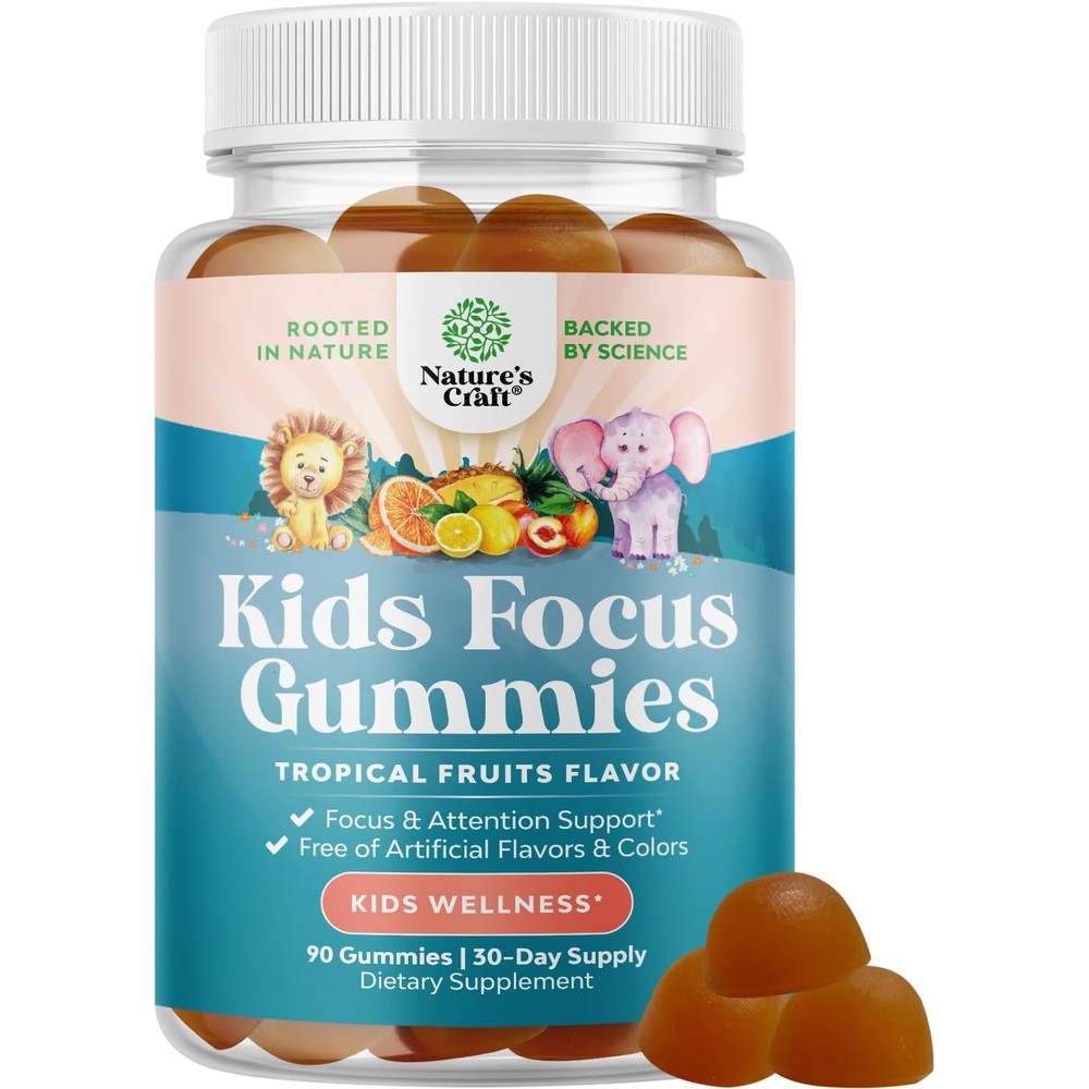 Natures Craft Kids Focus Gummies 90 count front view showing authentic packaging.