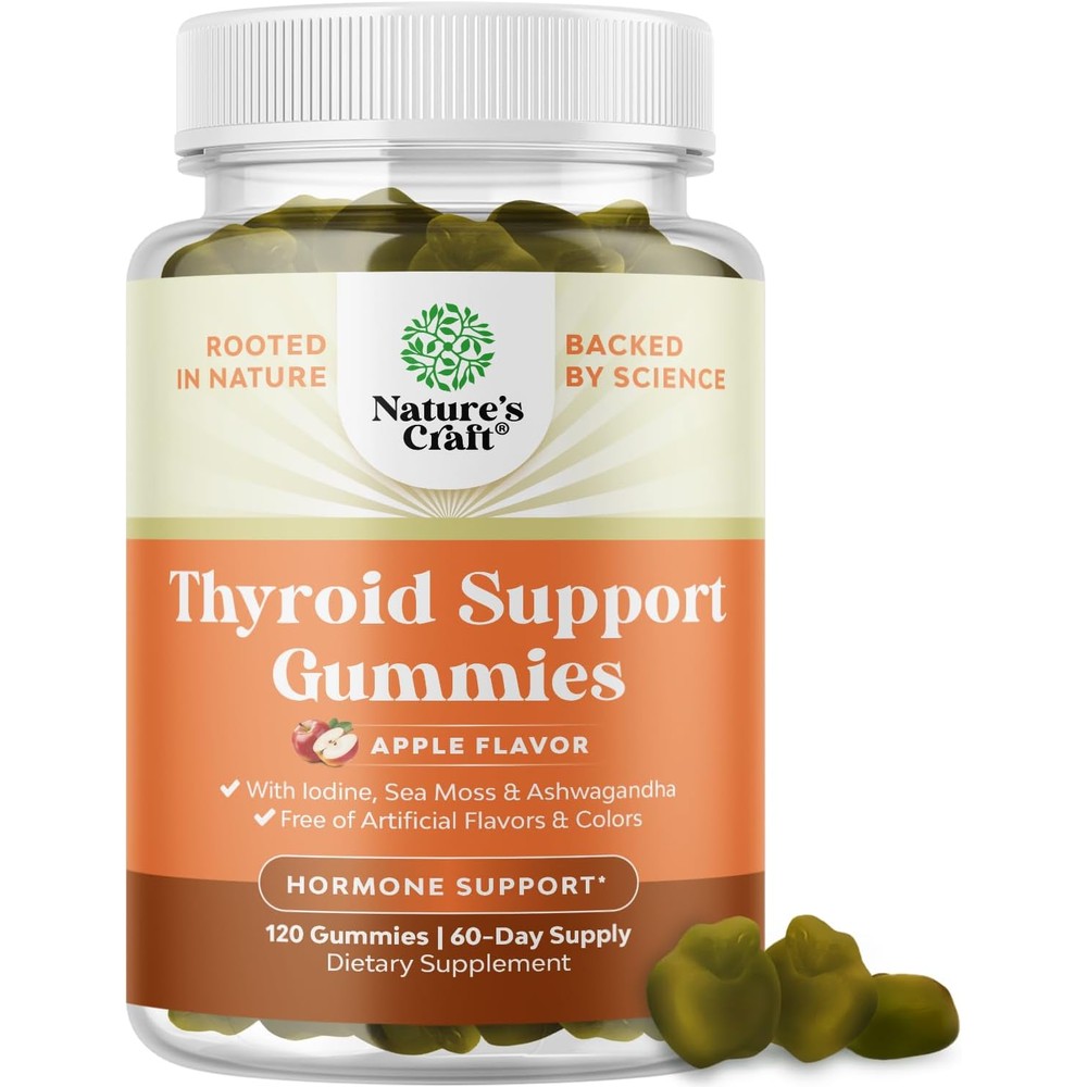 Natures Craft Vegan Thyroid Support Gummies front view of apple flavored wellness supplement bottle.
