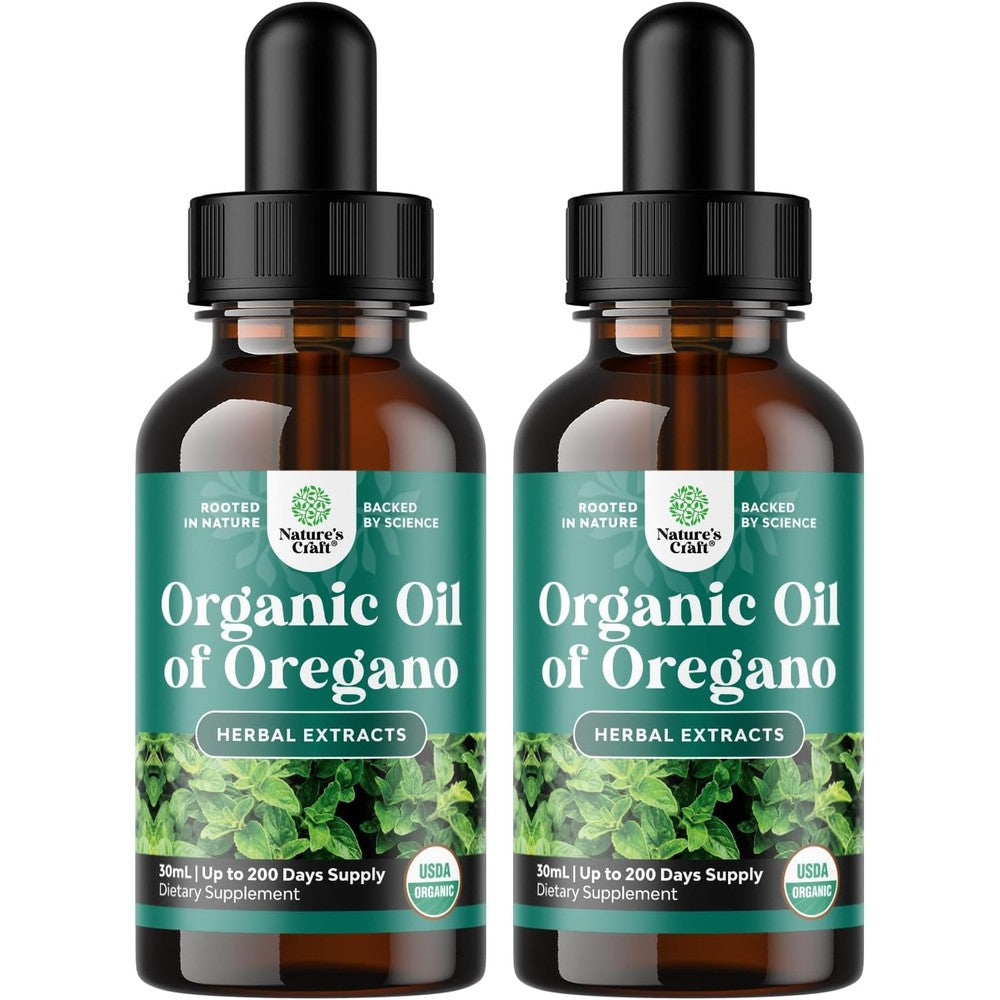 Island Nutrition Organic Oregano Oil Drops twin pack front view showing the liquid tincture bottle and dropper.