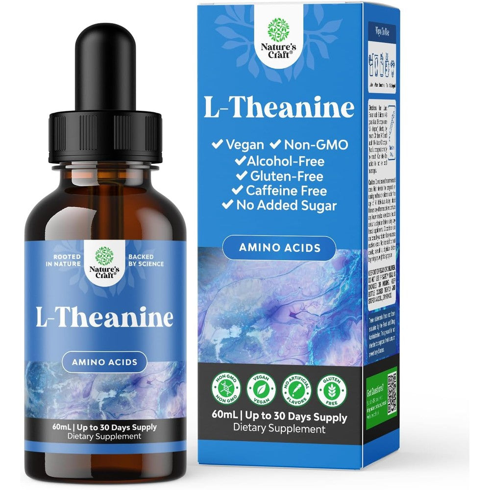 Natures Craft High Absorption L-Theanine Liquid Drops front view bottle for calm focus