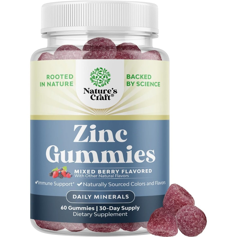 Natures Craft Extra Strength Zinc Gummies front view bottle for adult immune support.