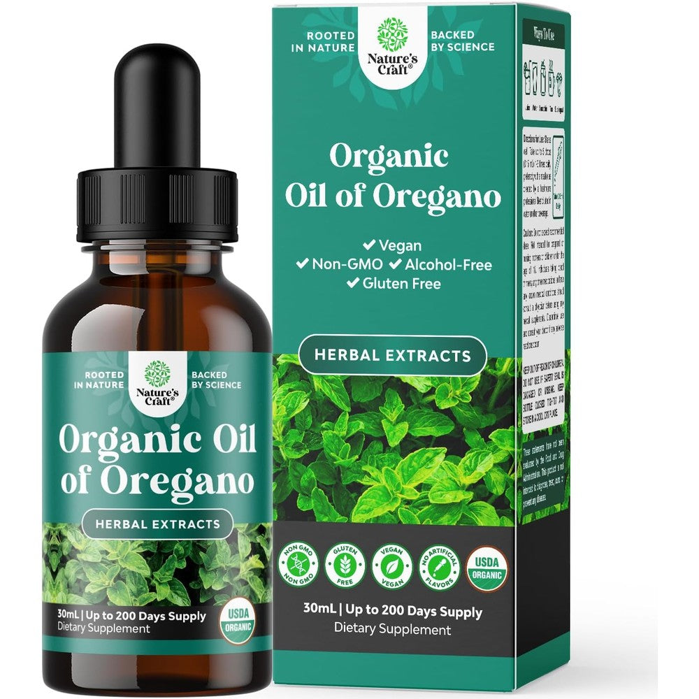 Natures Craft Organic Oregano Oil Drops front view bottle on white background