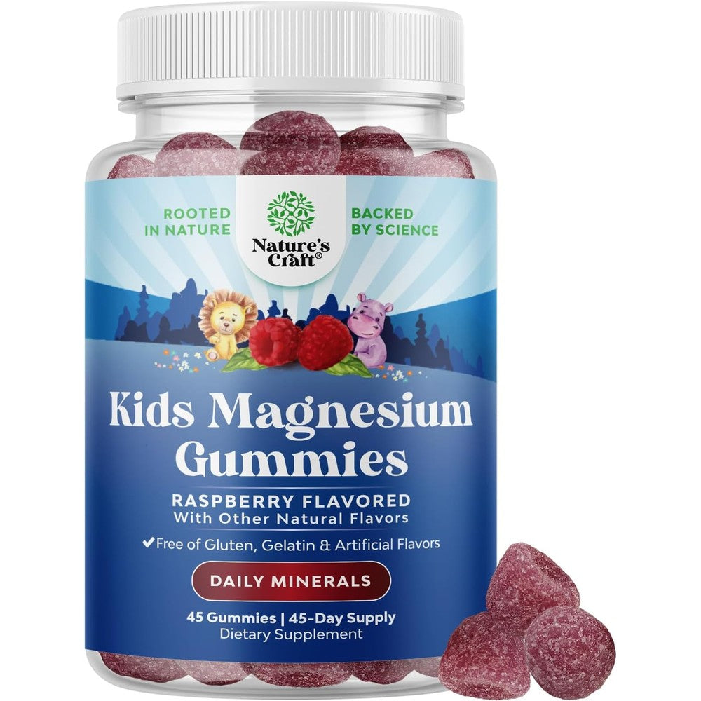 Nature's Craft Kids Magnesium Gummies 45 Count front bottle view showing raspberry flavor details