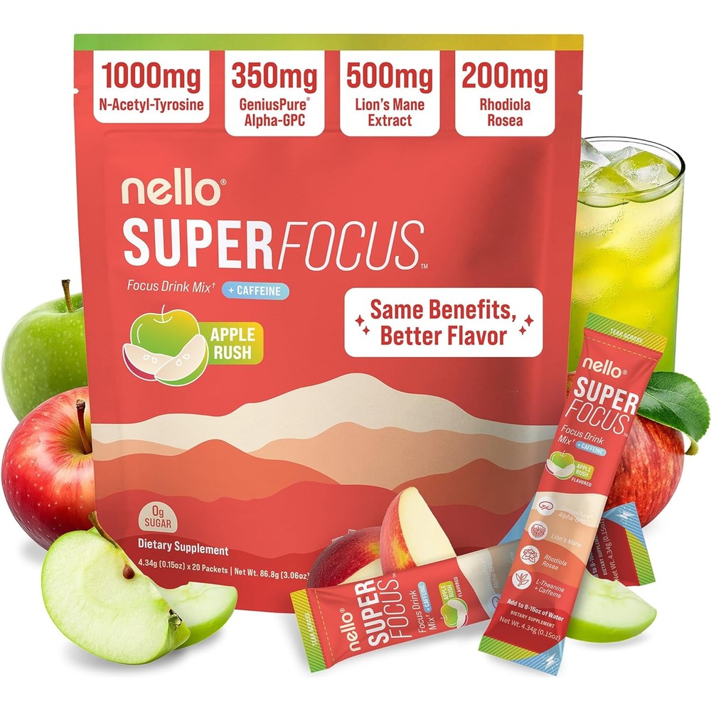 Nello Superfocus Nootropic Drink Mix Apple Rush box front view