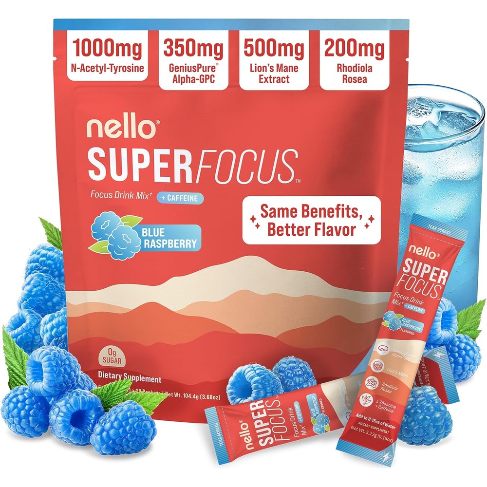 Nello Superfocus nootropic drink mix front view packaging