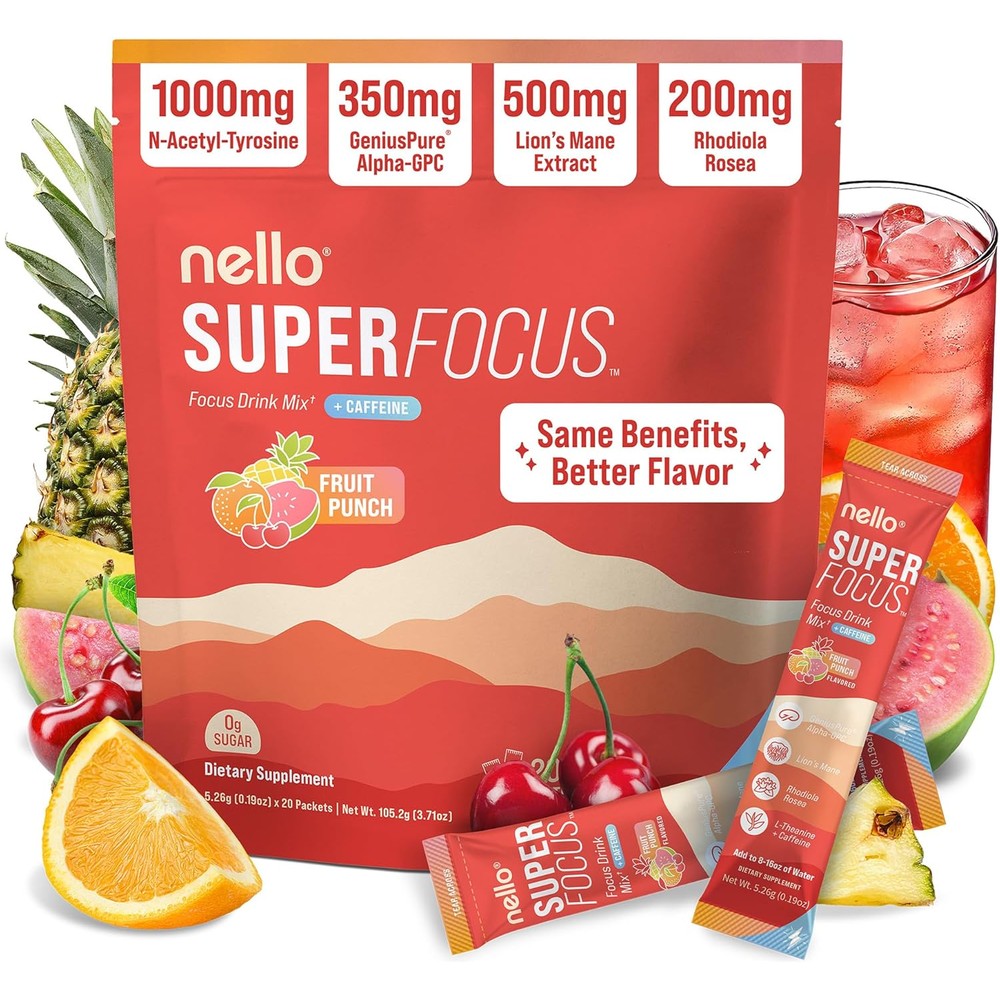 Nello Superfocus nootropic focus drink mix front packaging