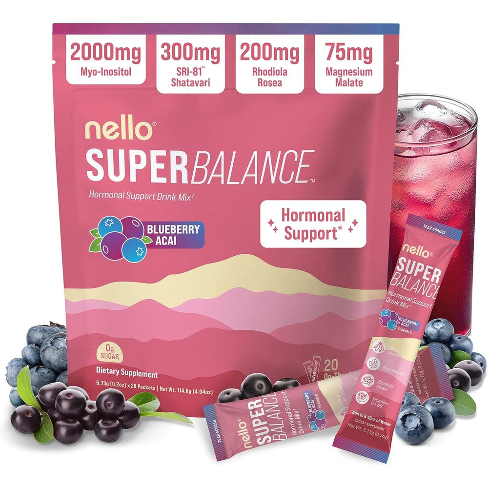 Nello Superbalance hormonal support drink mix blueberry acai front view