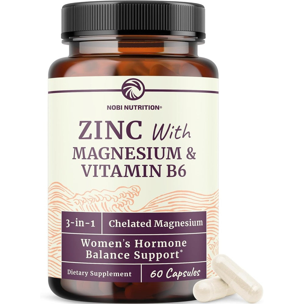 Zinc and Magnesium Supplement with Vitamin B6 | Women's Hormone Balance, Menstrual Cycle & Immune Support | High Absorption Chelated Magnesium Glycinate with Zinc Picolinate and VIT B6 | 60 Ct