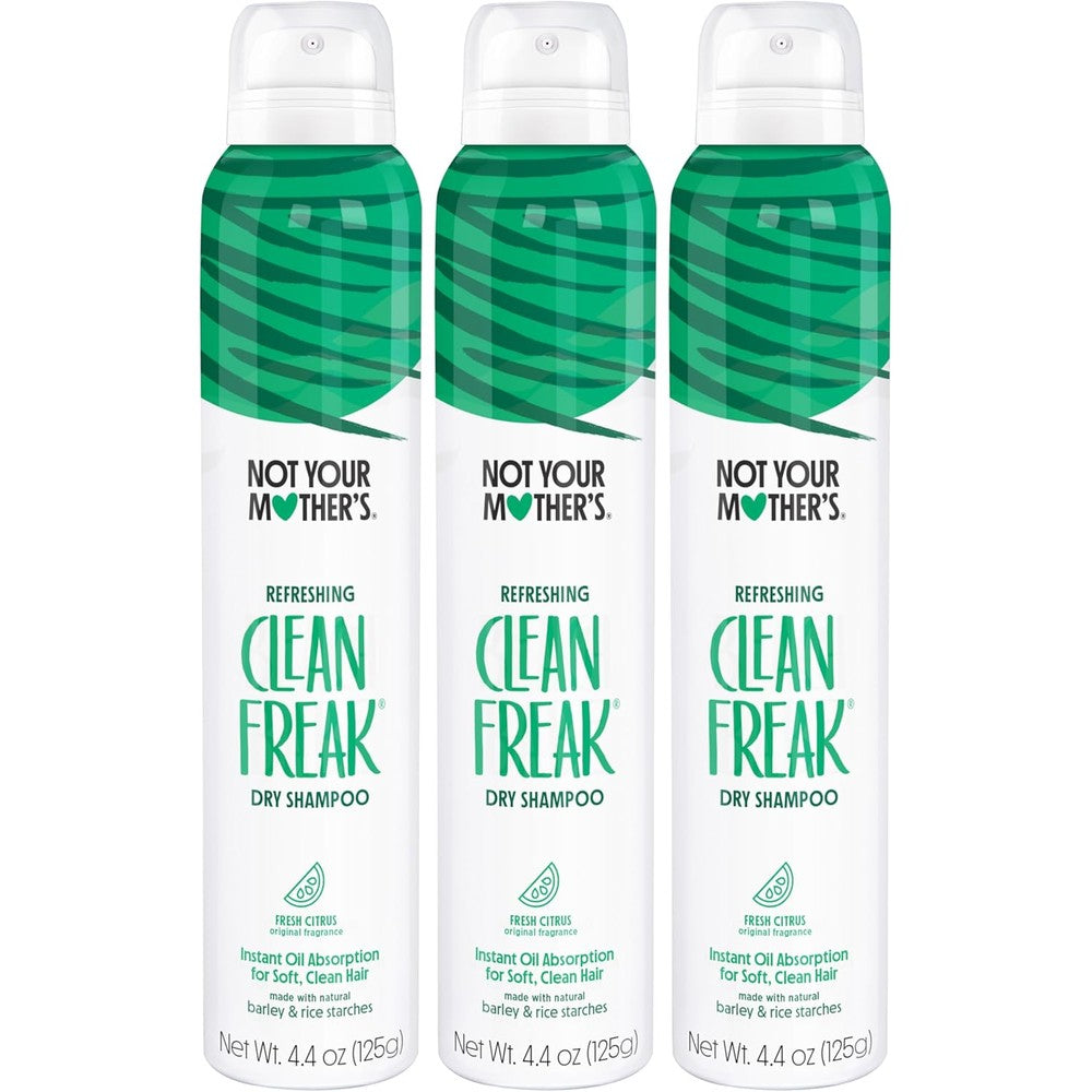 Not Your Mothers Clean Freak Dry Shampoo front view of the green striped three pack spray cans