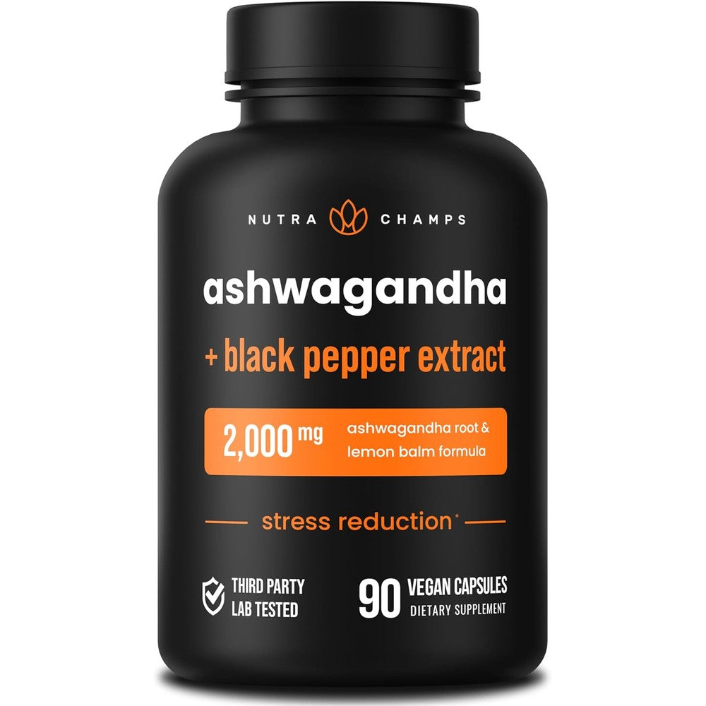 NutraChamps Organic Ashwagandha Capsules front bottle view for stress relief