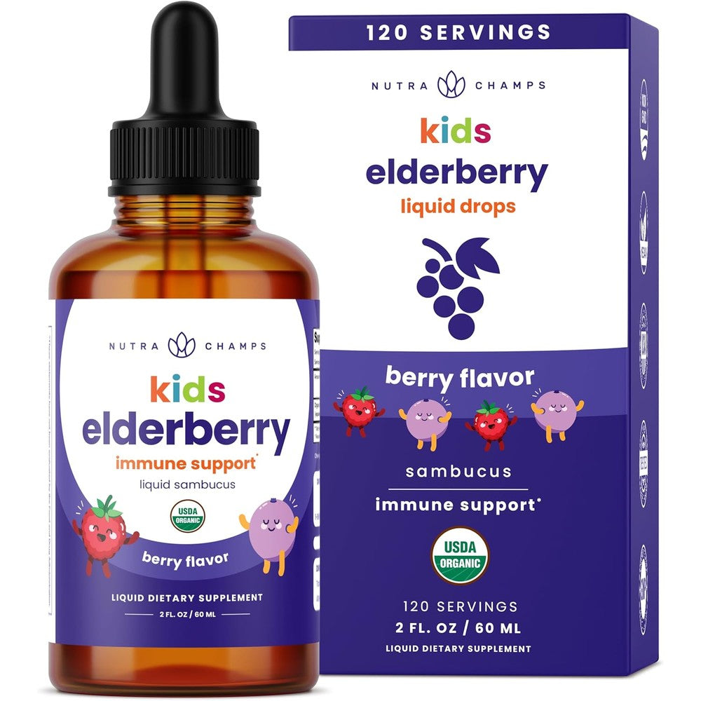 NutraChamps Kids Black Elderberry Liquid Drops front view for immune support.