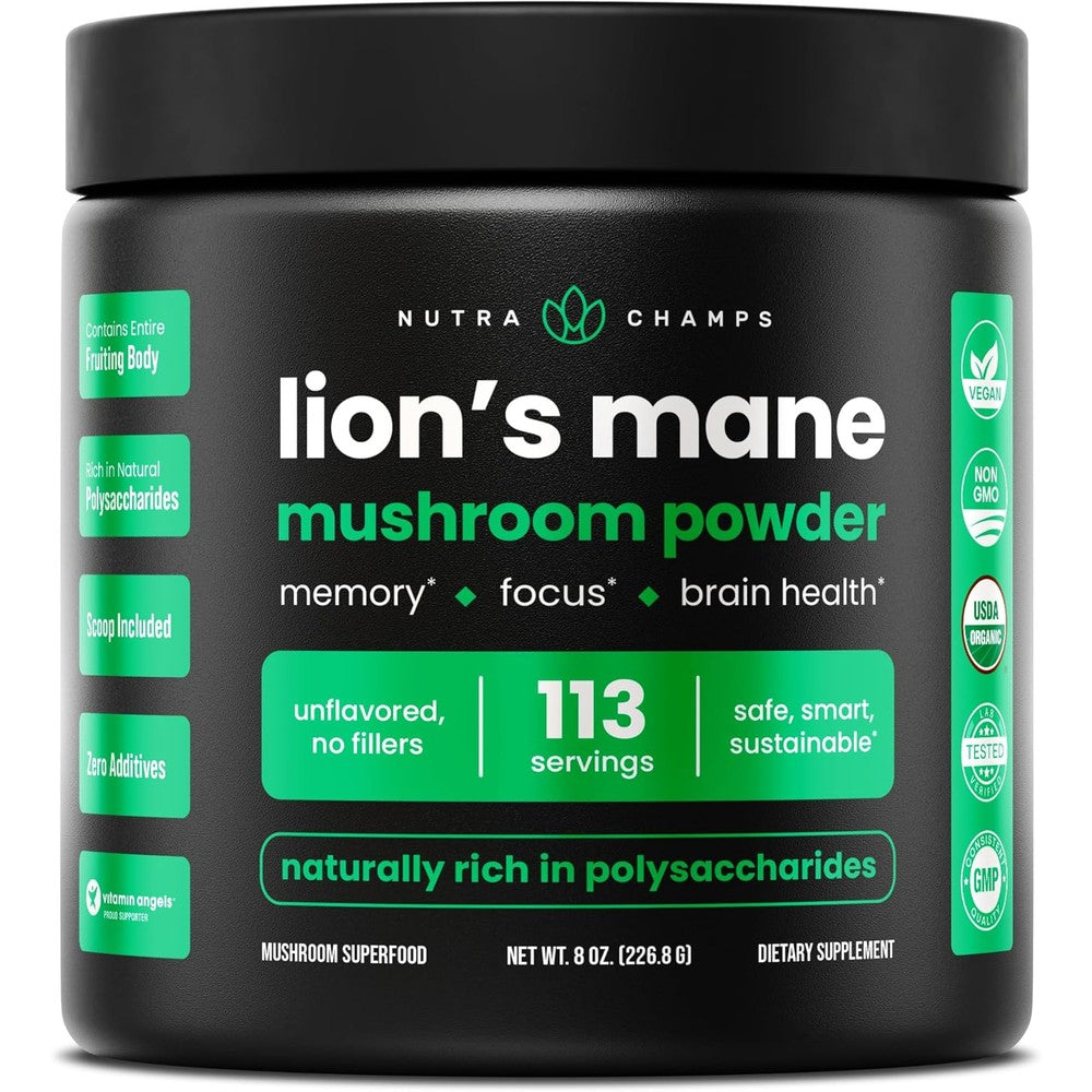 NutraChamps Organic Lion's Mane Mushroom Powder front view for cognitive support