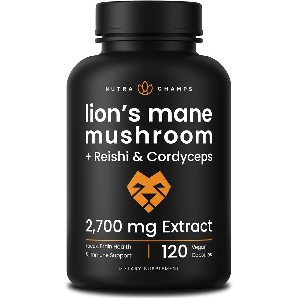 NutraChamps Organic Lions Mane Mushroom Supplement bottle front view for premium cognitive focus.