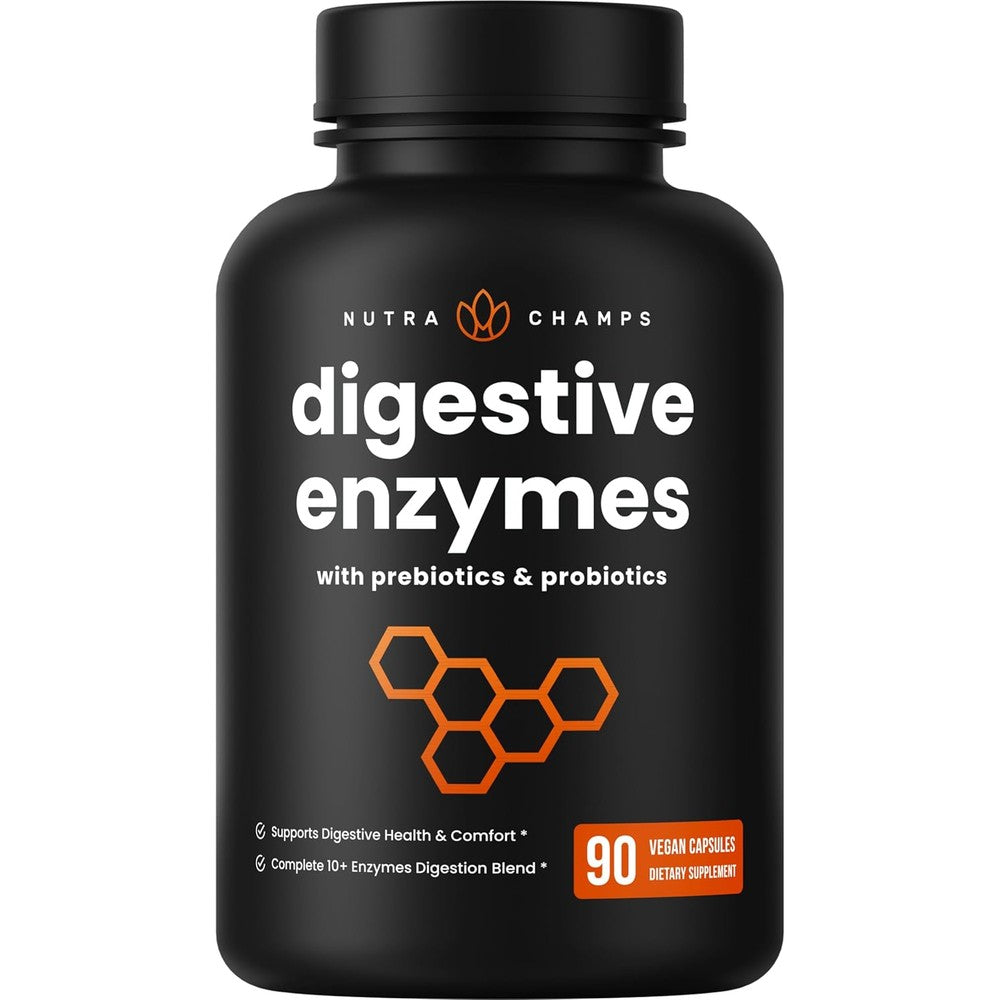NutraChamps Digestive Enzymes 90 vegan capsules front bottle view for gut health support