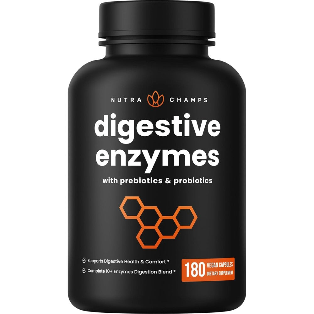 NutraChamps Digestive Enzymes 180 vegan capsules front view bottle showing premium gut health supplement