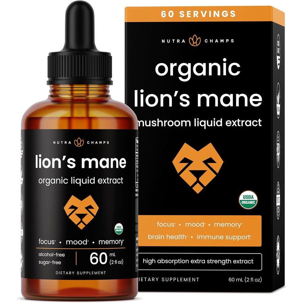 Canadian Pine Pollen NutraChamps Lion's Mane Tincture front view bottle with dropper for focus.